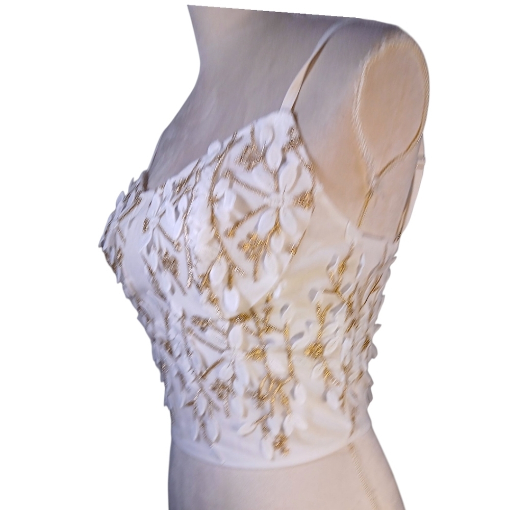 Corset Bustier Top Gold & White Floral Applique Zip Back, Adjustable Straps - Picture 3 of 7